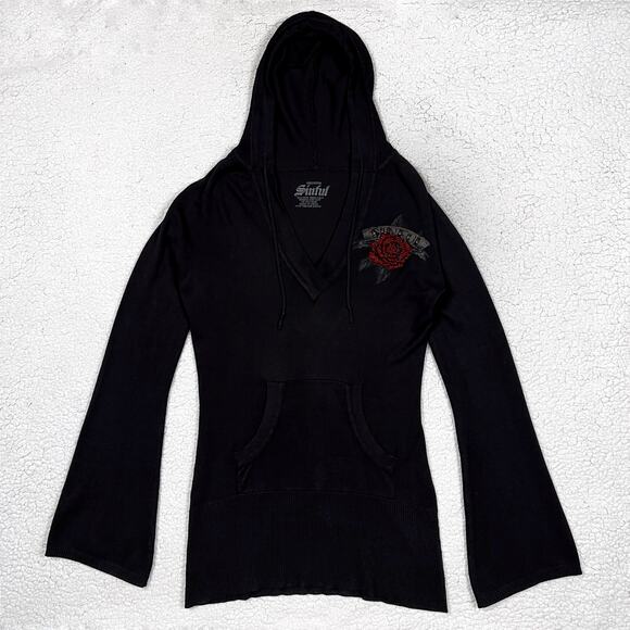 Y2K Sinful Rhinestone Black Ribbed Hooded Sweater Dress Goth Skull Roses Medium - Picture 4 of 16
